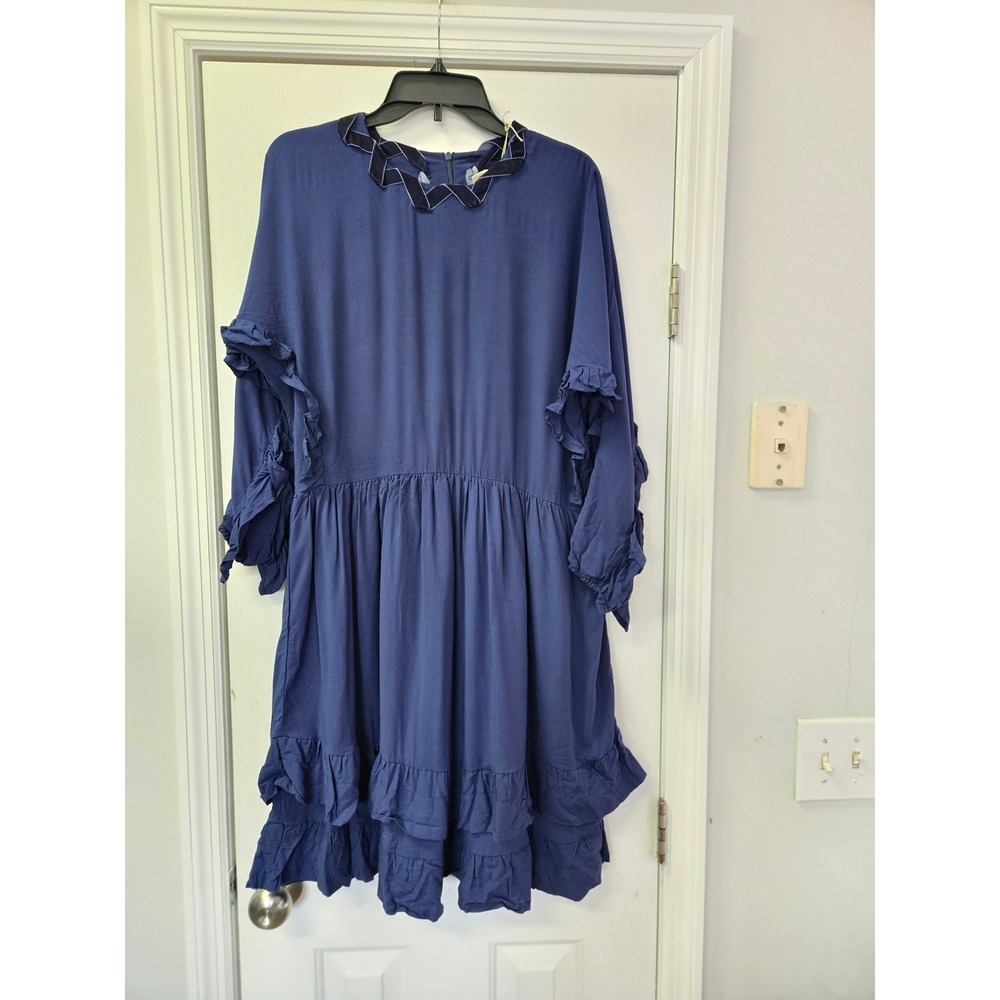 Teela New York Blue Ruffle Tiered Mini Dress Velvet Trim Size 18 NWT